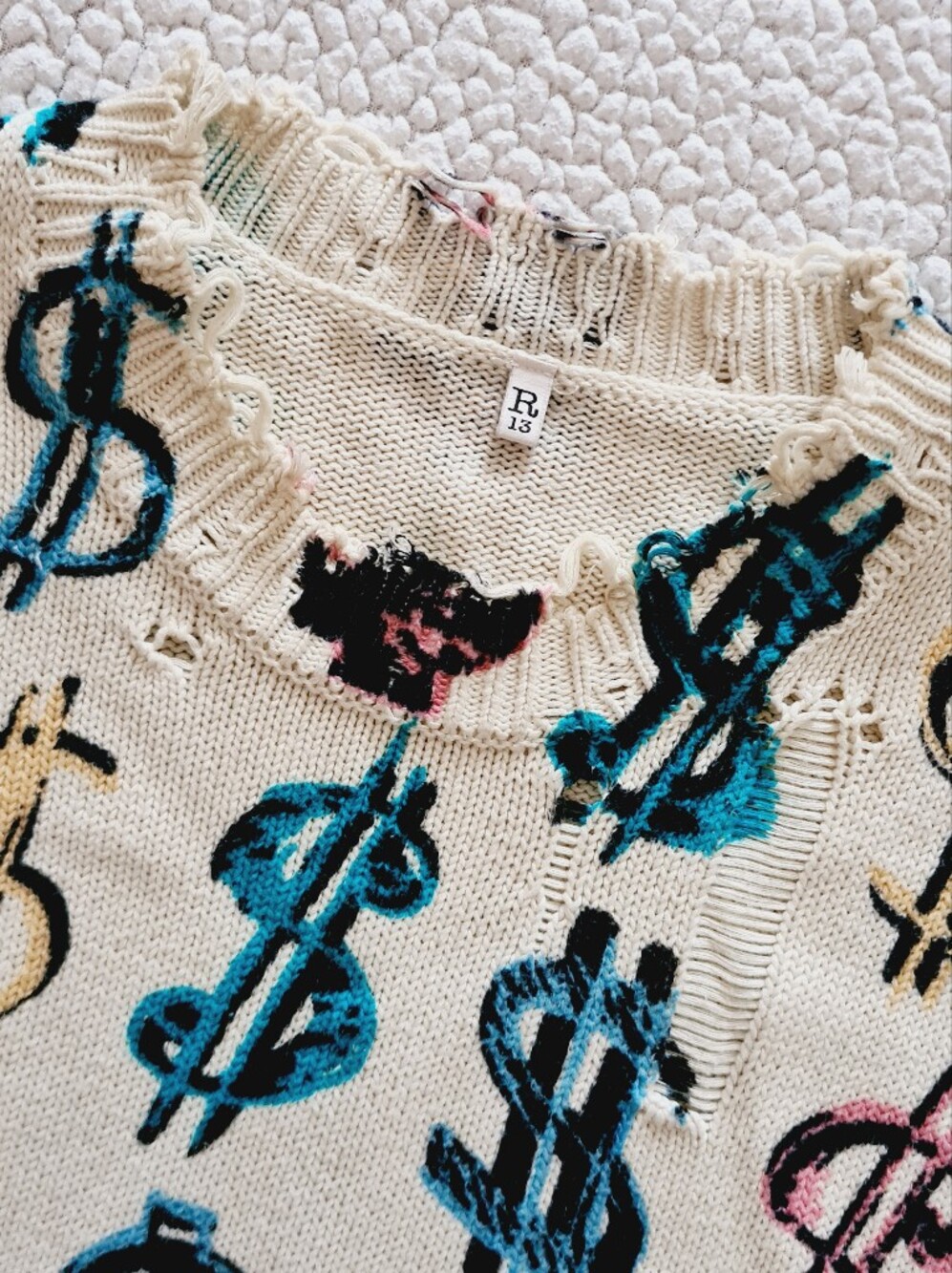 R13 Dollar Sign Oversized Distressed Cotton Sweater Off-White Size S Org $495 - Picture 11 of 16